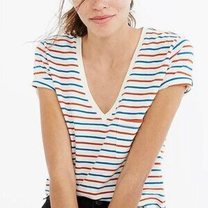 MADEWELL Whisper 100% Cotton V-Neck Pocket Tee Stripe XXSmall